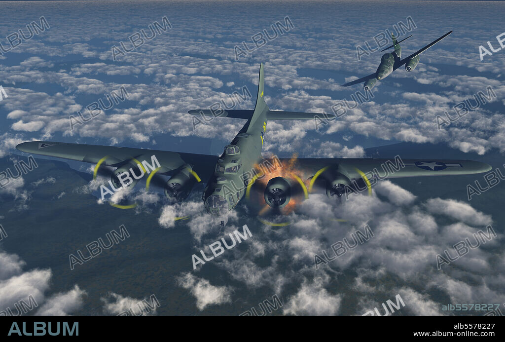 A North American B-17 Flying Fortress being attacked by a German Me-262 fighter plane during World War II.