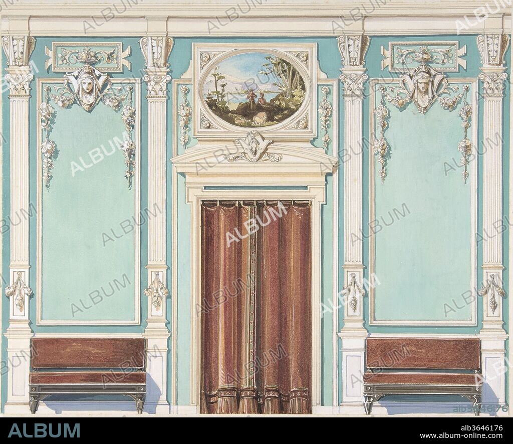 Interior Design with a Central Door with Brown Curtains Flanked by Benches, against an Aquamarine Wall, with an Overdoor Painting. Artist: Anonymous, British, 19th century. Dimensions: sheet: 10 x 12 in. (25.4 x 30.5 cm). Date: late 19th century (?).