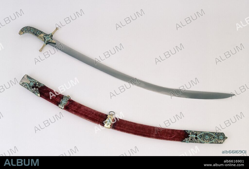 ALFANJE Y VAINA-TURQUIA H.1570-90X13 CM-ACERO,MADERA.TEJIDO,PLATA,ORO,TURQUESAS.