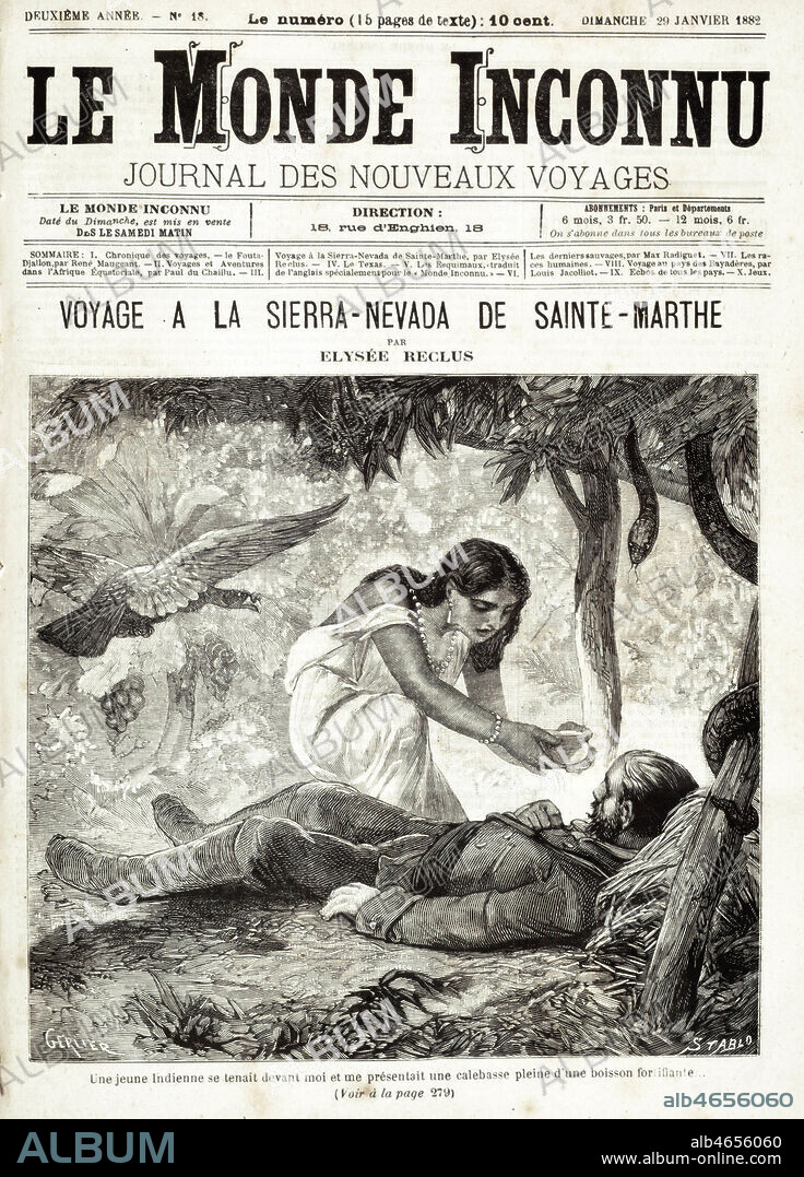 Voyage a la Sierra Nevada de Sainte Marthe. Illustration de J. GERLIER (ne en 1826) pour une nouvelle d'Elisee RECLUS (1830-1905). Couverture du Monde inconnu de 1882. Credit : Coll. Jonas/KHARBINE-TAPABOR.
