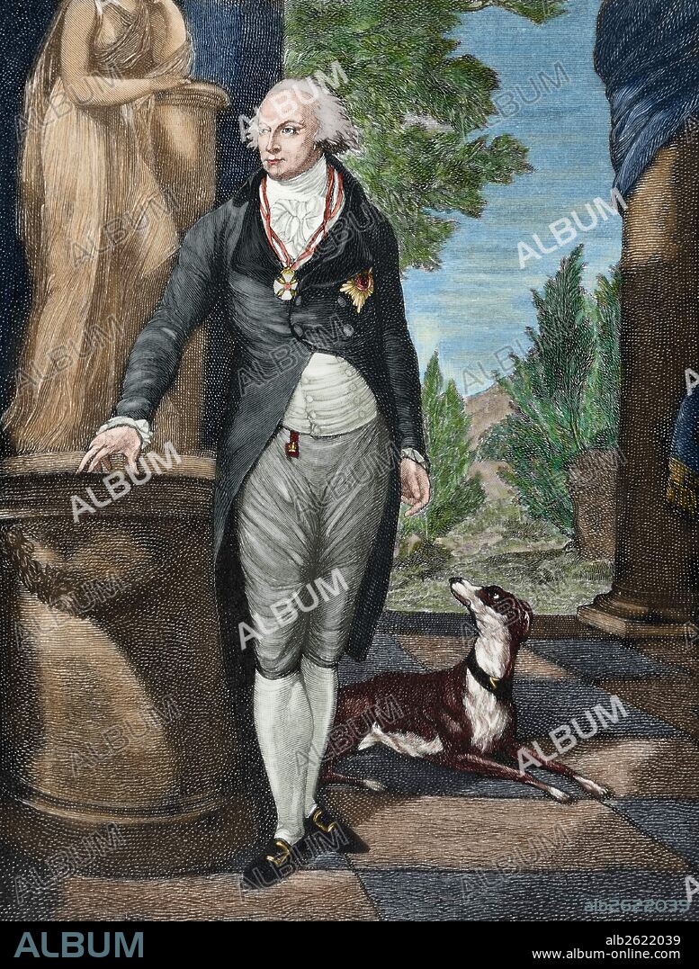 HARDENBERG, Karl August, príncipe de (Essenrode, 1750-Génova, 1822). Estadista prusiano. Ministro de Asuntos Exteriores de Prusia en 1804-1805 y 1807, tuvo que retirarse por imposición de Napoleón. Representó a Prusia en el "Congreso de Viena" (1815). Grabado coloreado del año 1885.