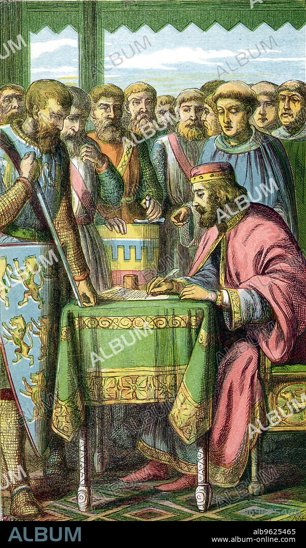 King John signing the Magna Carta at Runnymede, Surrey, 15 June 1215 (c1860). John (1167?-1216) became King of England in 1199. The Angevin kings of England, Henry II, Richard I and John arbitrarily abused feudal rights. The nobility forced King John to sign the Magna Carta, guaranteeing their restoration.