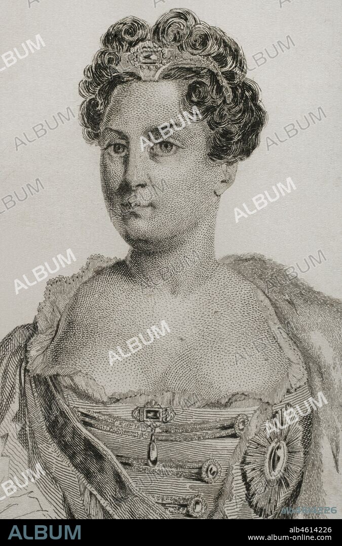 Catherine I of Russia (1684-1727). She became the second wife of Peter the Great and Empress of Russia (1725-1727). Engraving by Lemaitre, Vernier and Pannier. History of Russia by Jean Marie Chopin (1796-1870). Panorama Universal, Spanish edition, 1839.