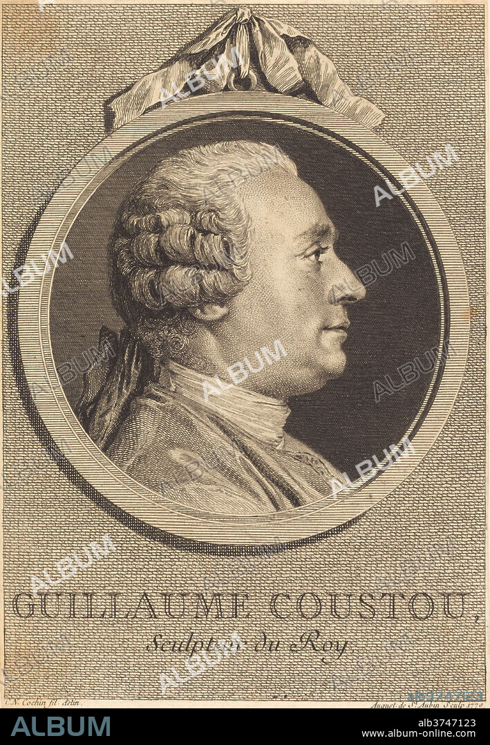 AUGUSTIN DE SAINT-AUBIN AFTER CHARLES-NICOLAS COCHIN II. Guillaume Coustou. Dated: 1770. Dimensions: sheet (trimmed within plate mark): 18 x 12.4 cm (7 1/16 x 4 7/8 in.). Medium: engraving over etching on laid paper.