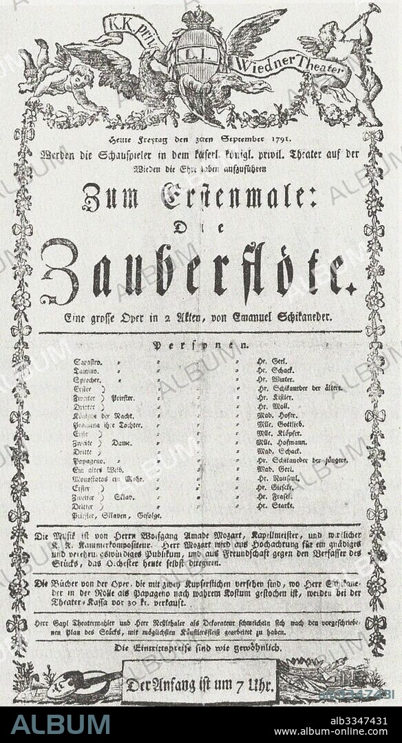 ANONYMOUS. Playbill from the first performance of The Magic Flute at the Theater auf der Wieden in Vienna, September 30, 1791.