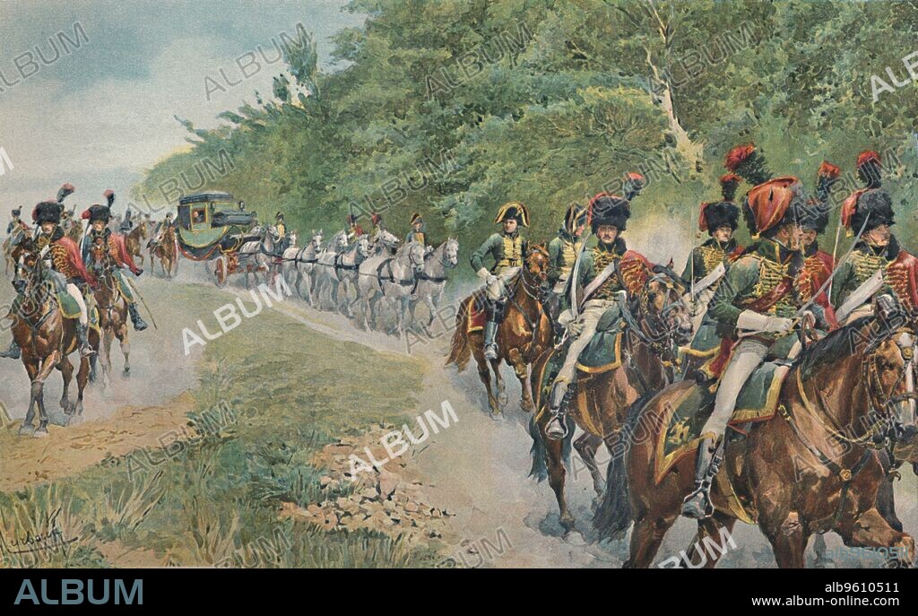 'Napoleon's Mode of Traveling', c1800, (1896). Carriage of Napoleon Bonaparte (1769-1821), accompanied by a military escort. Typogravure after the aquarelle by F De Myrbach. From Life of Napoleon Bonaparte, Volume II, by William Milligan Sloane. [The Century Co., Macmillan & Co., Limited, New York & London, 1896].
