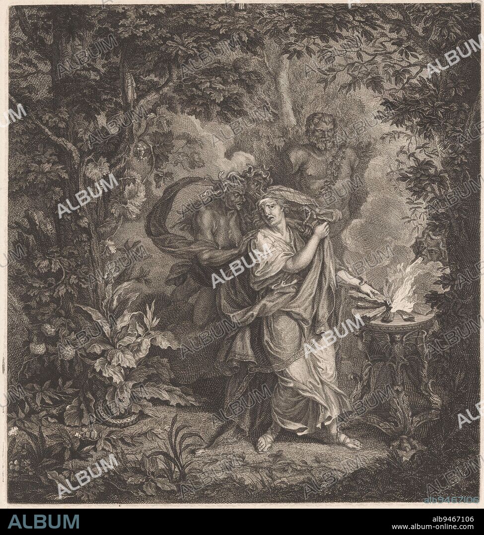 Mythological scene with a sacrificial queen in a forest, possibly Althaea, and three gorgons, print maker: Simon Henri Thomassin, (mentioned on object), after: Charles Le Brun, (mentioned on object), intermediary draughtsman: Bernard Picart, (mentioned on object), Amsterdam, 1697 - 1741, paper, engraving, etching, h 285 mm × w 272 mm.