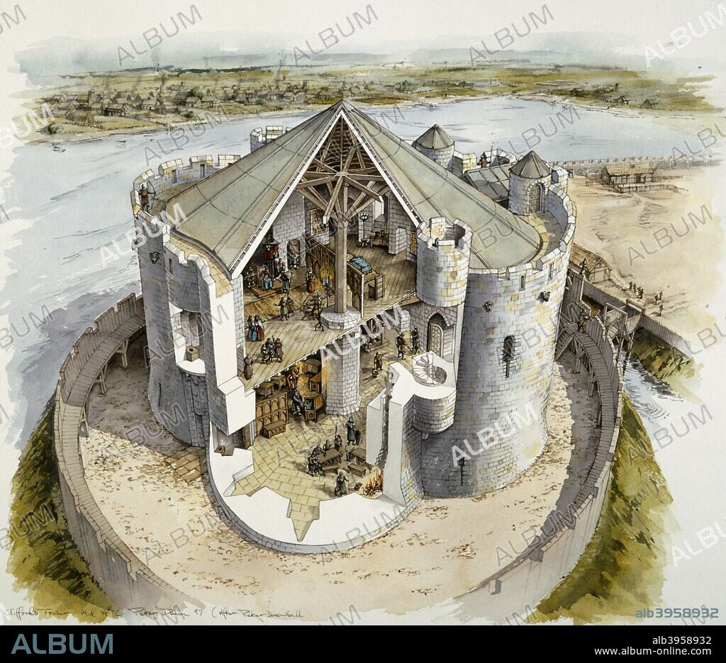 PETER DUNN. Clifford's Tower, mid-14th century, (c1990-2010). Reconstruction drawing of Clifford's Tower, the largest remaining part of York Castle, once the centre of government for the north of England. The 11th-century timber tower on top of the earth mound was burned down in 1190, after York's Jewish community, some 150 strong, was besieged here by a mob and committed mass suicide. The present 13th-century stone tower was probably used as a treasury and later as a prison.