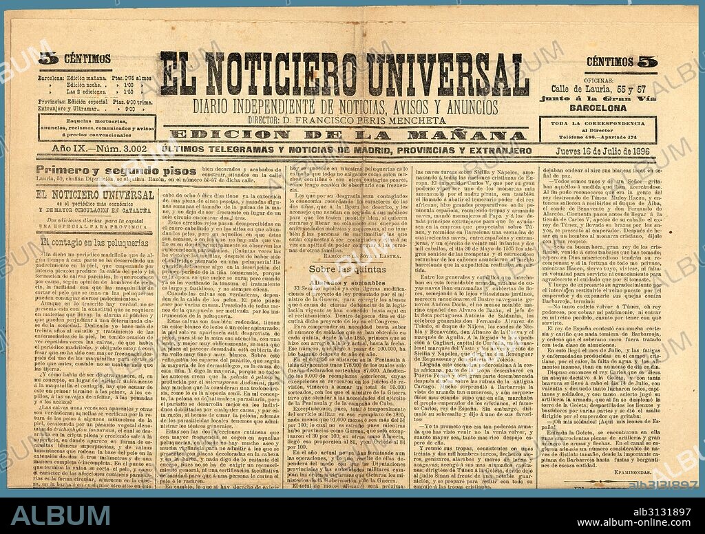 Cabecera del diario El Noticiero Universal, edición de la mañana, editado en Barcelona, julio de 1896.