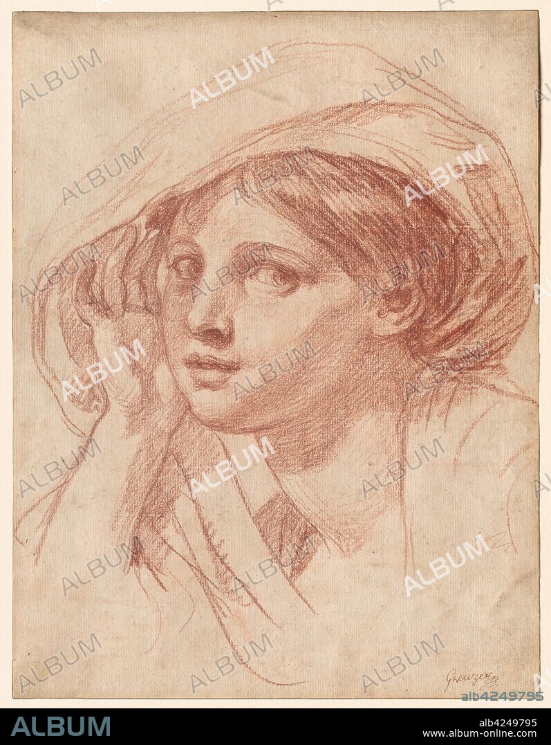 Head of a Young Woman, c. 1785. Jean-Baptiste Greuze (French, 1725-1805). Red chalk on white laid paper pasted down on heavy-weight gray paper; sheet: 41 x 31.5 cm (16 1/8 x 12 3/8 in.).