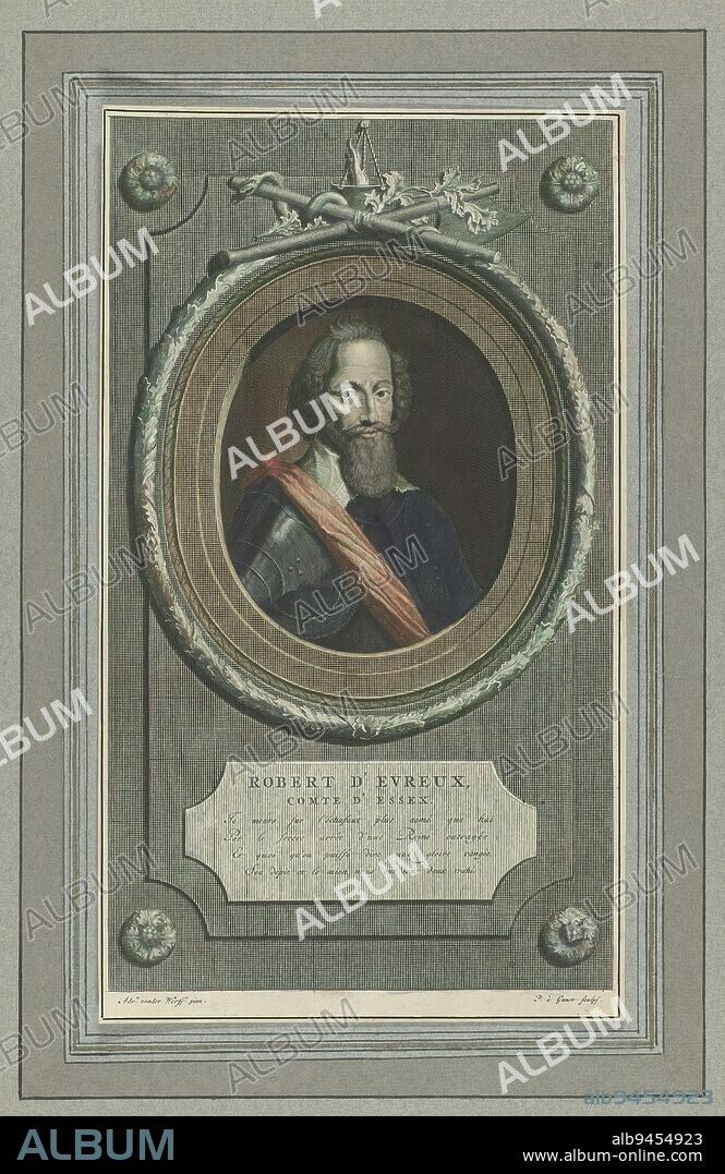 Portrait Robert d'Evreux, Comte d'Essex, Bust in armor with red sash, seen from front, turned slightly to right. In round frame with garland on stone plaque. Four-line poem in French in cartouche., print maker: Pieter van Gunst, (mentioned on object), after painting by: Adriaen van der Werff, (mentioned on object), after c. 1675 - before 1728, paper, engraving, height 312 mm × width 179 mm.