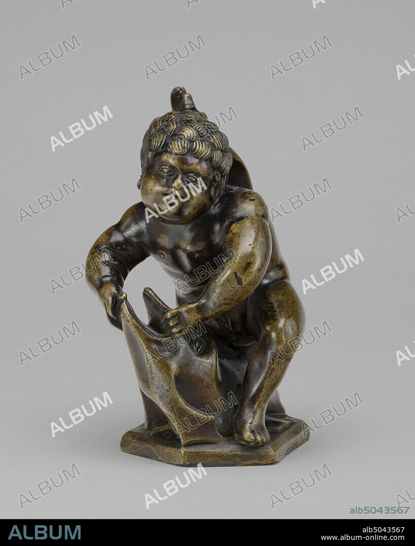 German 16th Century, (sculptor), Peter Flötner, (related artist), German, c. 1485 - 1546, A Child on a Dolphin, c. 1525/1550, bronze/Black lacquer (much rubbed on exposed areas) over light yellowish bronze, overall: 14.5 x 9 x 9.5 cm (5 11/16 x 3 9/16 x 3 3/4 in.).