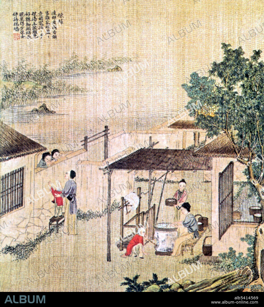 Boiling silkworm cocoons.The production of silk originates in China in prehistoric times. Silk remained confined to China until the Silk Road opened at some point during the later half of the first millennium BC. China maintained its virtual monopoly over silk production for another thousand years. Sericulture, or silk farming, is the cultivation of silkworms to produce silk. Although there are several commercial species of silkworms, Bombyx mori (the caterpillar of the domesticated silk moth) is the most widely used and intensively studied silkworm. Silk cultivation spread to Japan around 300 AD, and, by 522 AD, the Byzantines managed to obtain silkworm eggs and were able to begin silkworm cultivation. The Arabs also began to manufacture silk during this same time. The Crusades brought silk production to Western Europe, in particular to many Italian states, which saw an economic boom exporting silk to the rest of Europe. Changes in manufacturing techniques also began to take place during the Middle Ages, with devices such as the spinning wheel first appearing. No artist credited, undated.