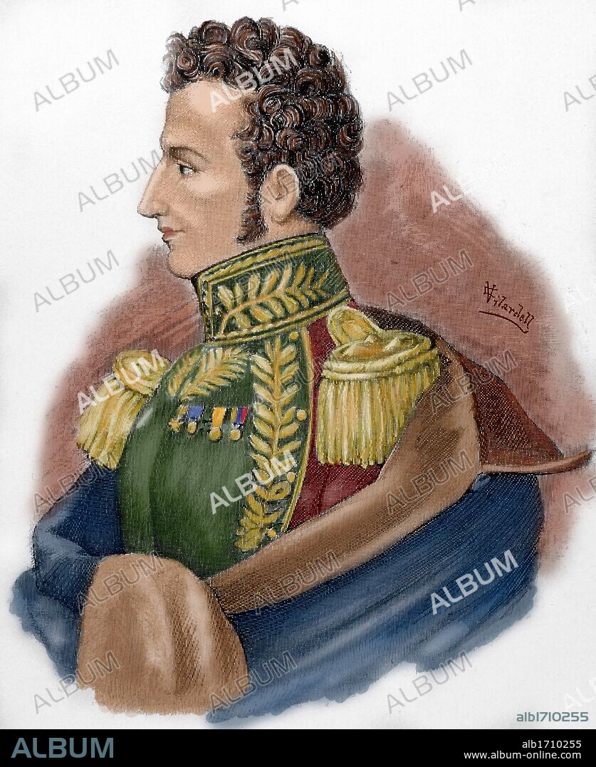 SUCRE, Antonio José de (Cumaná, 1795-Barruecos, 1830). Héroe de la independencia hispanoamericana. Fue nombrado presidente de Bolivia en 1826 y cedió el mando a Urdinenca en 1828. Ayudó a Bolivar en su dictadura de 1828 en la Gran Colombia. En junio de 1830 fue asesinado mientras se dirigía a Ecuador. Grabado coloreado de "Americanos Célebres", 1888.