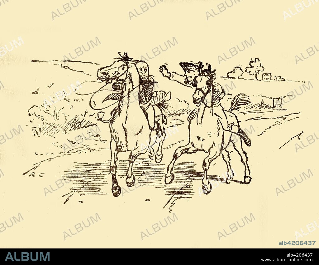 John Gilpin is found by the postboy from the Bell Inn, 1878, (c1918). The youth tries to grab hold of Gilpin's horse's bridle, and frightens it even more. John Gilpin was the subject of a comic ballad of 1782 by William Cowper entitled "The Diverting History of John Gilpin". The ballad, based on real-life character, describes how, on a journey to Edmonton (north in London), Gilpin, a draper, became separated from his wife and children after losing control of his horse, and ended up in the town of Ware, ten miles away from his intended destination. From "The Diverting History of John Gilpin", by William Cowper. [Frederick Warne and Co., London & New York, c1918].