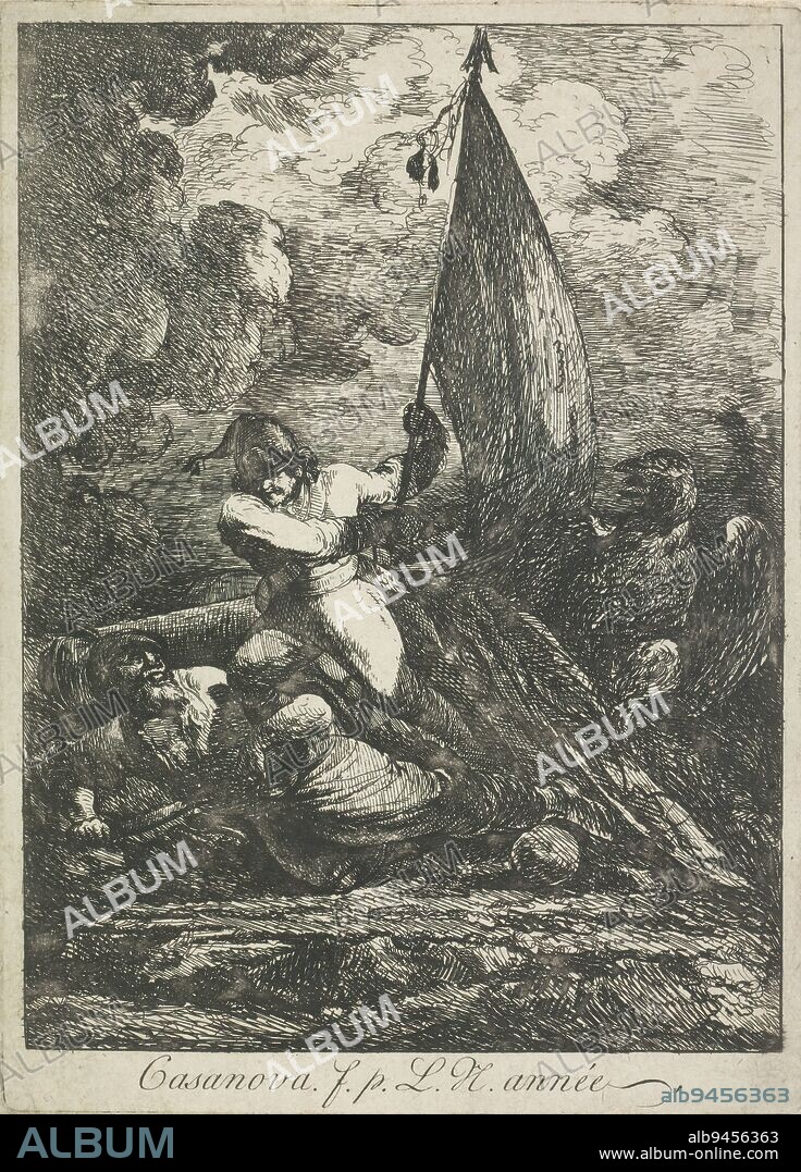 Russian soldier with flag, A Russian soldier with a flag trampling a Turkish soldier on the battlefield. On the right, an eagle., print maker: Francesco Giuseppe Casanova, (mentioned on object), Italy, 1737 - 1802, paper, etching, height 205 mm × width 149 mm.
