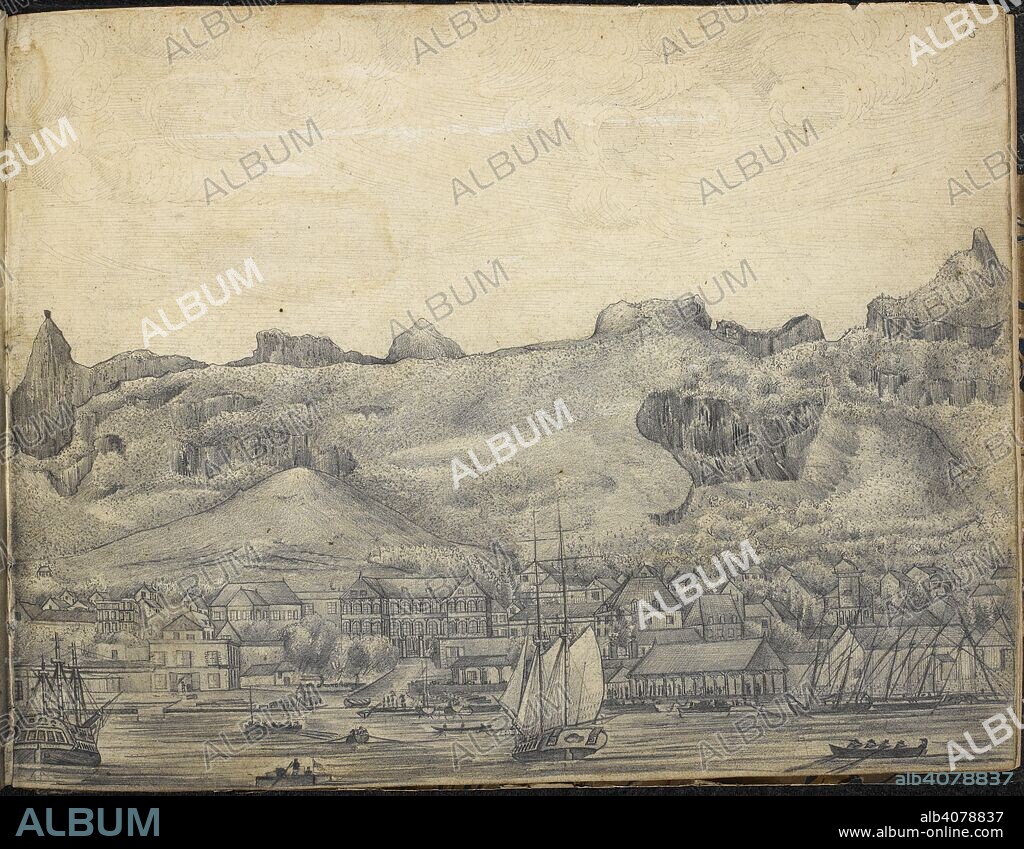 HENRY FRANCIS AINSLIE. Mauritius. â€˜View of Port Louis Isle of France taken from on board the ship Timandra. November 1824 the Government House and Custom House Quayâ€™. Sketch book of 33 views, mainly Mauritius and Ceylon, with captions on reverse. 1824-1826. Source: WD 3773, f.15.