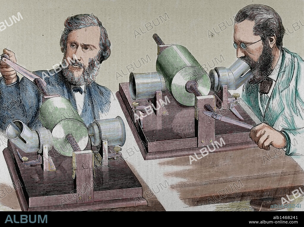 FONOGRAFO invento creado en 1877 por Thomas Alva Edison (Milan, Ohio, 1847-West Orange, 1931). Grabado coloreado.