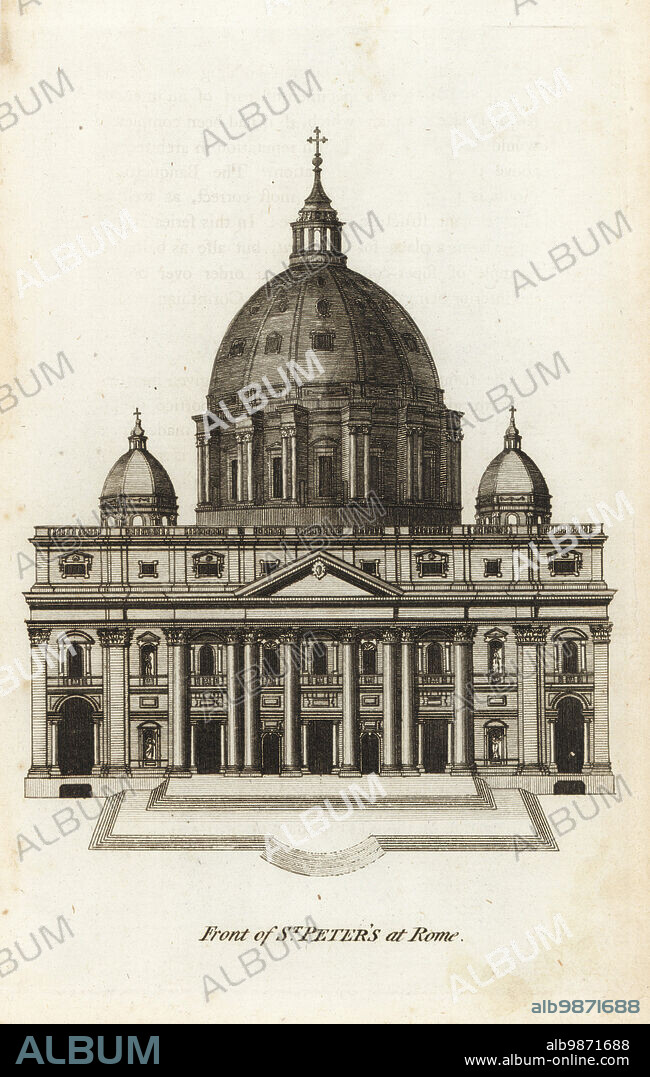 Front elevation of St Peter's Basilica at Rome. Showing Carlo Maderno's facade, Corinthian columns, pediment, high attic, and Donato Bramante's dome as it was in the 18th century. Copperplate engraving from Francis Fitzgeralds The Artists Repository and Drawing Magazine, Charles Taylor, London, 1785.
