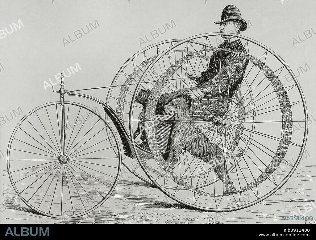 The "Cynophere", or dog-powered velocipede. It was invented by the French mechanic M. Huret and patented on December 14, 1875. It consisted of a three-wheeled vehicle, a kind of tricycle, weighing 80 kilograms and was moved by two dogs placed on the inner wheels simulating walk . It reached a speed of 10 kilometers per hour. Two vehicles were presented at the Universal Exhibition at Philadelphia (Pennsylvania, United States) in 1876. Engraving. La Ilustracion Espa–ola y Americana, June 15, 1876.