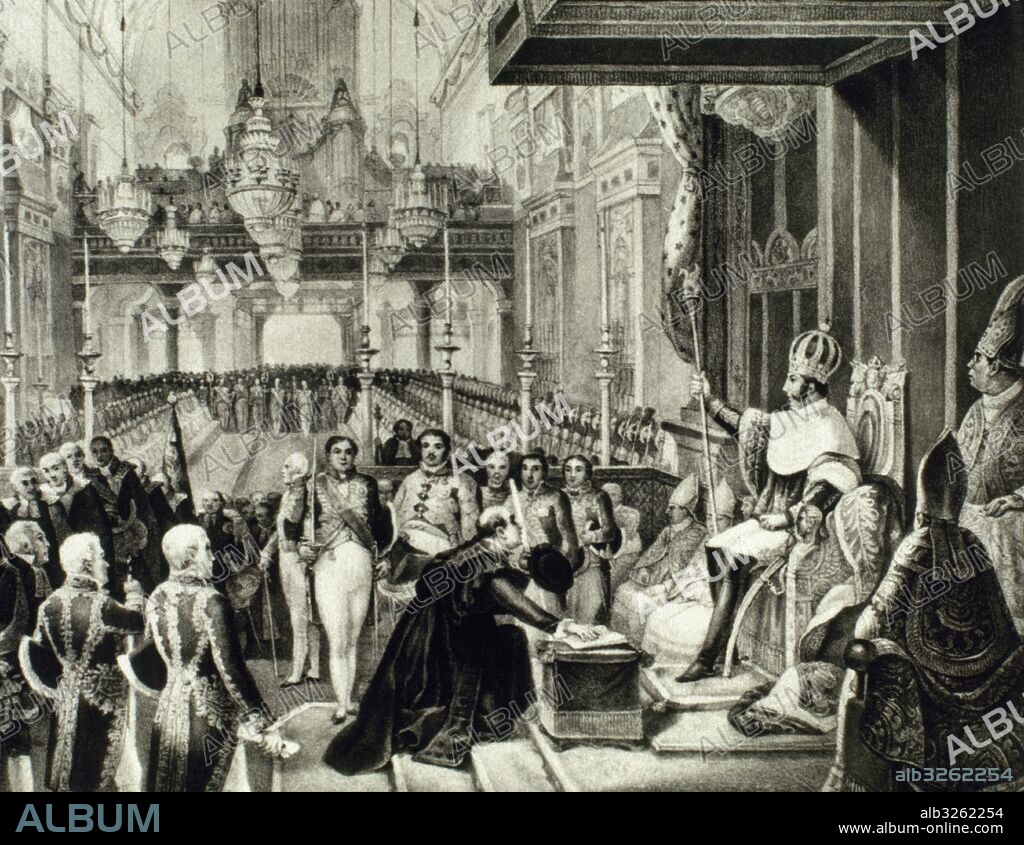 Pedro I of Brazil and IV of Portugal (1798-1834). Emperor of Brazil and King of Portugal. Ceremony of the coronation of Don Pedro celebrated in Rio de Janeiro, December 1, 1822. Engraving.