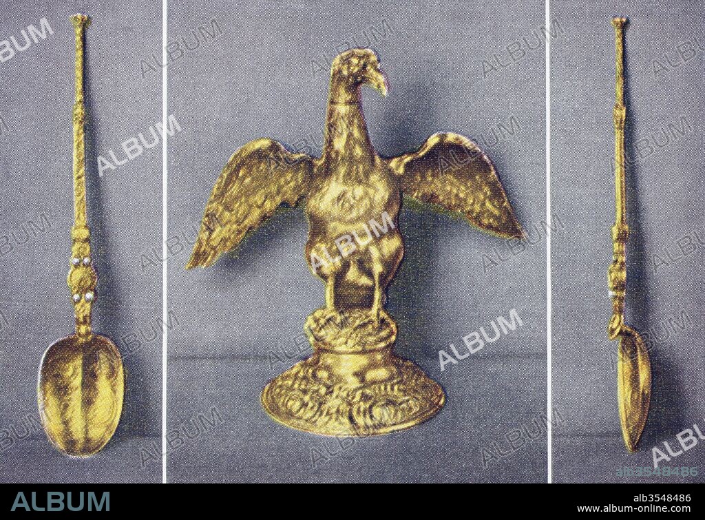 The Ampulla and two views of the Anointing Spoon. Gold, eagle-shaped vessel from which the anointing oil is poured by the Archbishop of Canterbury at the anointing of a new British sovereign at their coronation. From The Queen The Lady's Newspaper published 1935.