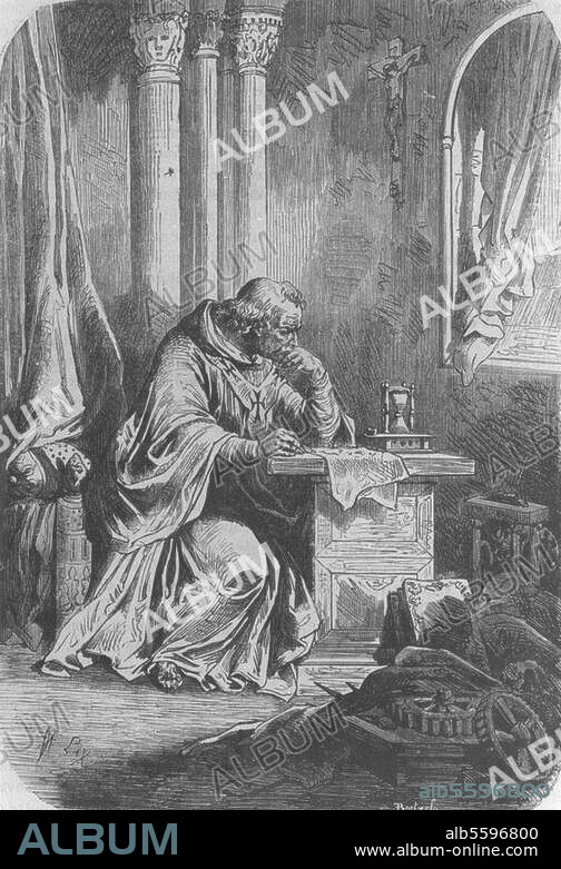 FREDERIC THEODORE LIX. Silvester II., Papst (999-1003), eigtl. Gerbert von Aurillac; in der Auvergne. 940/950 - Rom 12.5.1003. "Gerber d'Aurillac, le Pape Sylvestre II (...) Écrivant son 'Traité sur l'astrolabe'". Holzstich von Frédéric Théodore Lix (1830-1897). Aus: "Histoire Nationale de la France", 1874.