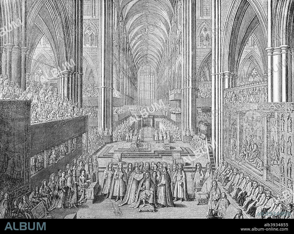 The Coronation of James II in Westminster Abbey, London, 1685 (1903). The coronation of James II (1633-1701) and his Queen Mary of Modena (1658-1718) took place on 23 April 1685. James was King of England and Ireland as James II and King of Scotland as James VII, from 6 February 1685 until he was deposed in the Glorious Revolution of 1688. He was the last Roman Catholic monarch to reign over the Kingdoms of England, Scotland and Ireland. From London in the Time of the Stuarts, by Sir Walter Besant. [Adam & Charles Black, London, 1903].