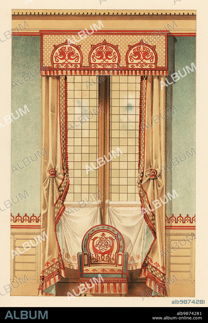 Russian-style wall hanging, circa 1900. Canvas lambrequin and curtains, silk window screen, armchair. Planche 20. Croisee Russe. Lambrequin toile ou serge, ton creme, applications de laine. Rideaux meme tissu et memes applications. Petits rideaux pare-brise petite soie. Tenture murale toile et broderies de laine. Chromolithograph by Henry Sicard et A. Farradesche after an illustration by Ernest Foussier from his Nouveaux Modèles de Tentures, Decorations de Fenêtres, New Models of Wall Hangings, Window Decorations, E. Thezard Fils, Librairie Speciale dArchitecture, Dourdan, France, 1900. Foussier (1859-1917) was a French architect and interior decorator who worked in Paris.