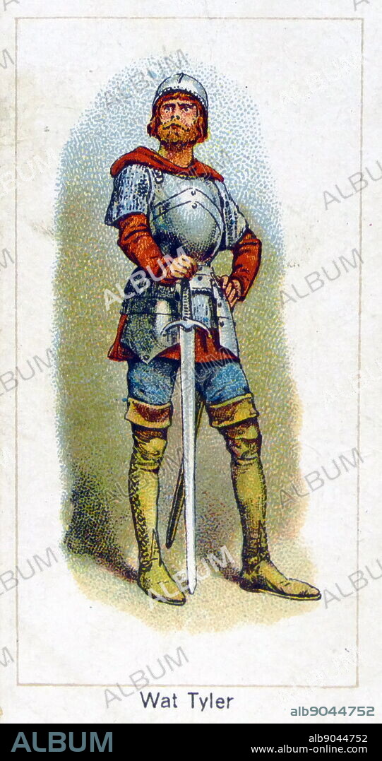 London Cigarette Card Company card 1924 depicting: Walter 'Wat' Tyler (died 15 June 1381) was a leader of the 1381 Peasants' Revolt in England. He marched a group of rebels from Canterbury to the capital to oppose the institution of a poll tax and demand economic and social reforms. While the brief rebellion enjoyed early success, Tyler was killed by officers loyal to King Richard II during negotiations at Smithfield, London.