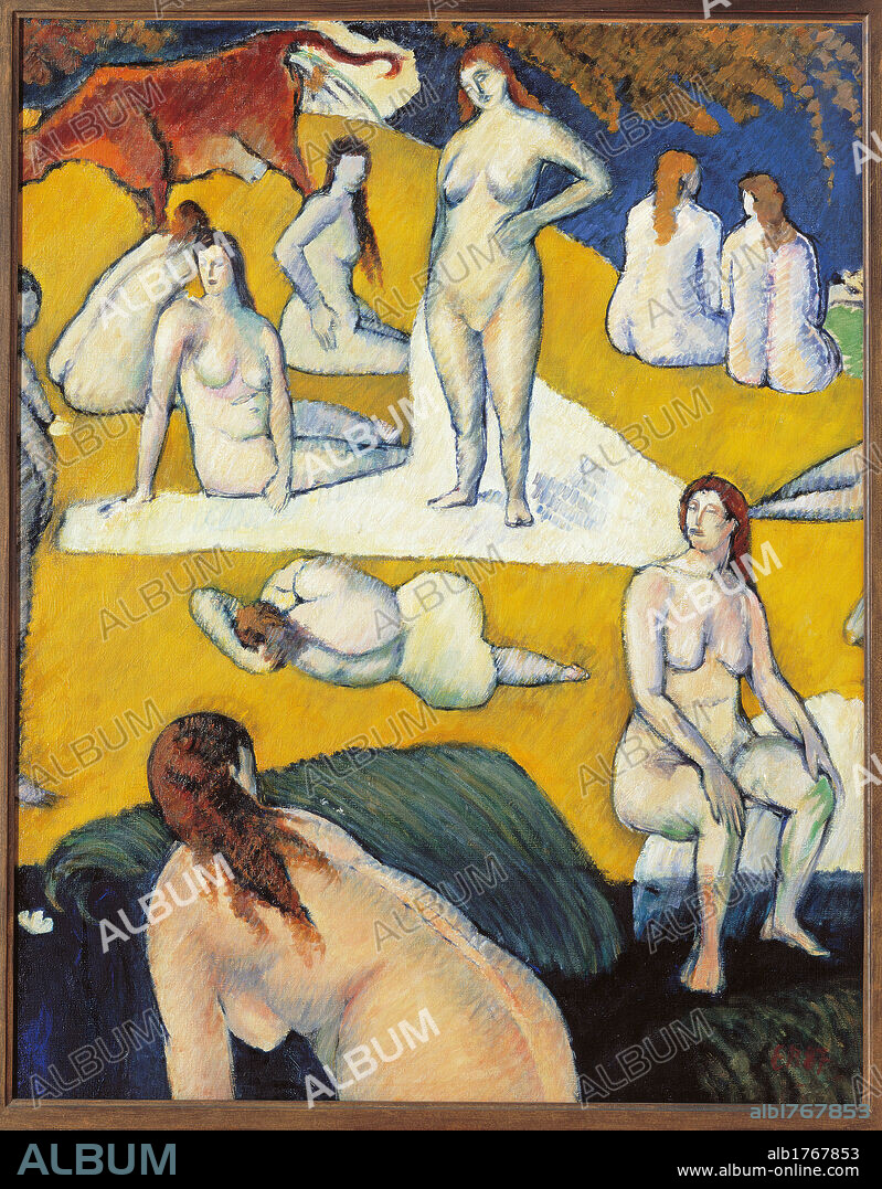 Bathers with Red Cow, by Emile Bernard, 1887, 19th Century, oil on canvas, cm 92,7 x 72,4. France, Ile de France, Paris, Muse dOrsay. All. Women bathers with red cow blue yellow back white sheet.