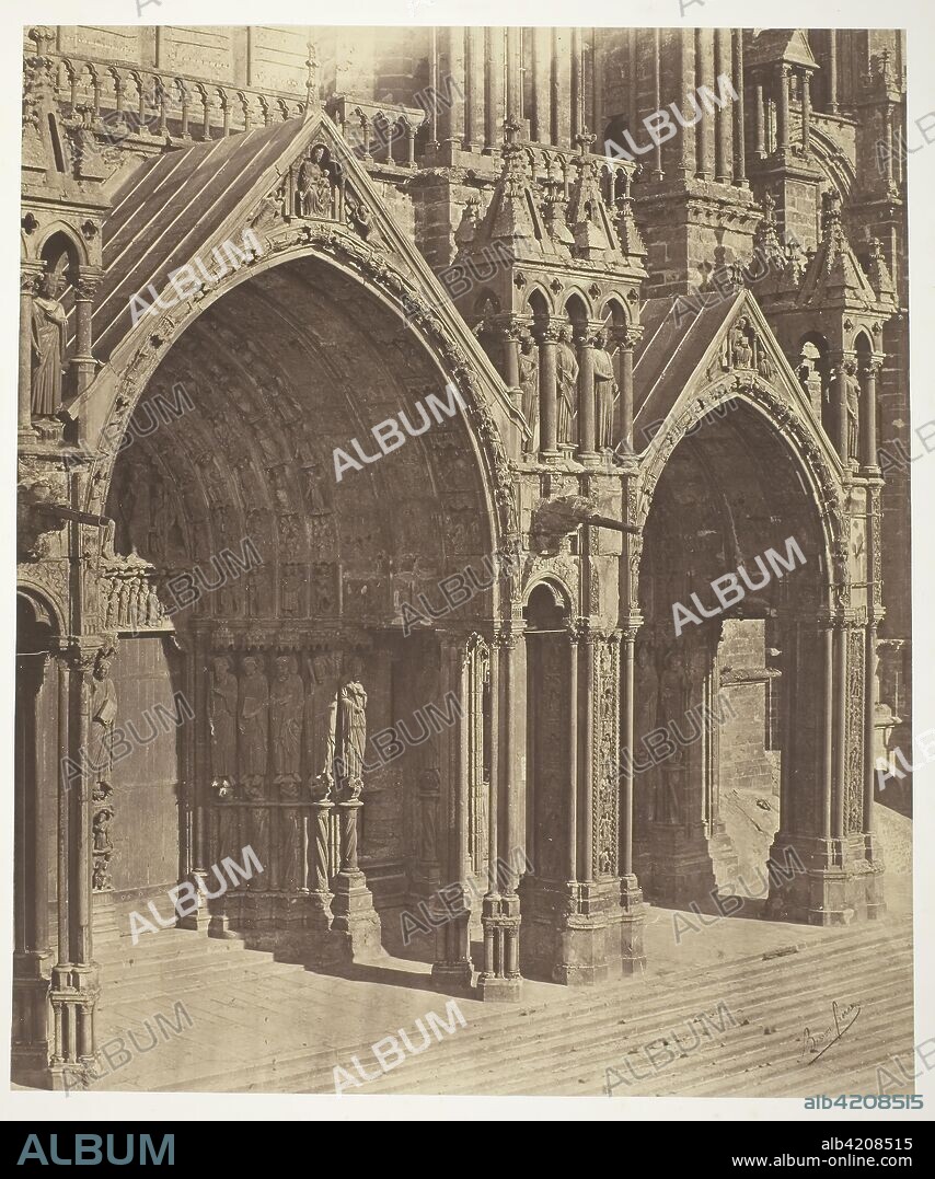 Chartres Cathedral, South Transept, Central and Side Portals. Bisson Frères (Louis-Auguste Bisson, French, 1814-1876 and; Auguste-Rosalie Bisson, French, 1826-1900). Date: 1854-1857. Dimensions: 41.6 × 35.2 cm (image/paper); 69.3 × 50.6 cm (mount). Albumen print, from the album "Reproductions photographiques des plus beaux types d'architecture et de sculpture". Origin: France.