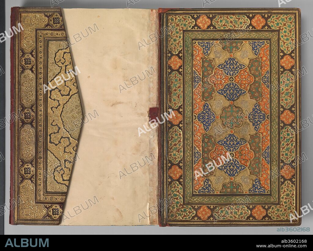 Mantiq al-tair (Language of the Birds). Author: Farid al-Din `Attar (ca. 1142-1220). Calligrapher: Sultan `Ali Mashhadi (ca.1440-1520). Dimensions: H. 12 7/8 in. (32.7 cm)
W. 8 5/16 in. (21.1 cm). Date: ca. 1600.
This lavishly illuminated double-page frontispiece contains the first twenty lines of prayers. The text areas are enclosed by four large panels that contain the title of the book, Mantiq al-Tayr, and the author's name, Farid al-Din 'Attar, in the middle cartouche. A minute inscription at the edge of these panels says that it was made by a famous illuminator and painter, Zayn al-'Abidin, in Isfahan by the order of Shah 'Abbas. There are another four vertical panels filled with serrated leaves next to the text area. These panels are surrounded by a meticulously arranged lobed band that shows a harmonious combination of gold, blue, light green, orange, pink, and white.