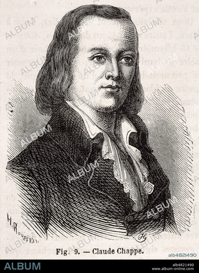 Portrait de Claude CHAPPE (1763-1805) publie dans l'ouvrage de FIGUIER 'Merveilles de la science', fin 19eme. Credit : Collection KHARBINE-TAPABOR.