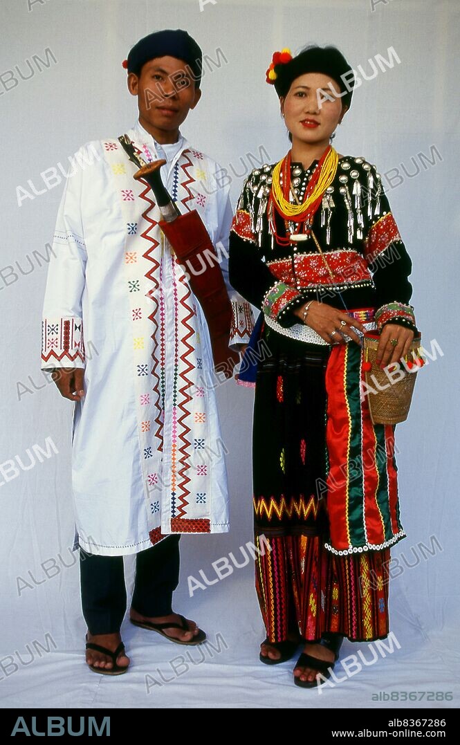 Burma Myanmar A Lashi couple in traditional costume. There is a great variety of costumes amongst groups considered Kachin Kachin State 1997 Album alb8367286