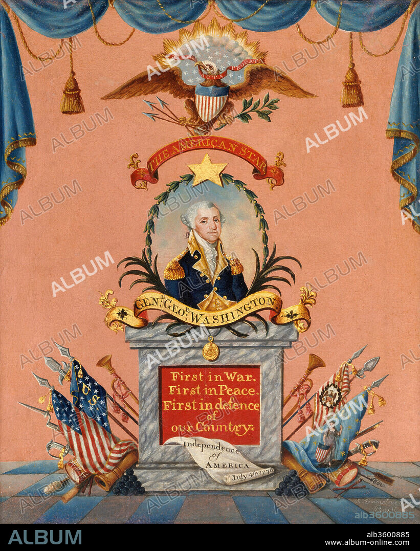 The American Star (George Washington). Artist: Frederick Kemmelmeyer (ca. 1755-1821). Dimensions: 22 x 17 3/4 in. (55.9 x 45.1 cm). Date: ca. 1803.
This picture glorifies Washington's achievements as a soldier, statesman, and Freemason by surrounding him with weapons, symbols of nationhood, and a Masonic shield. His association with the star has numerous connotations, including his being a source of guidance or a light in the darkness.