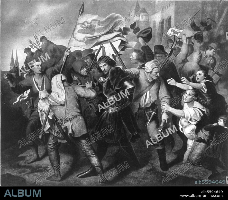 Bauernkriege 1524/25 / Eroberung der von einer Österr. Besatzung unter Graf Ludwig von Helfenstein verteidigten Stadt Weinsberg durch das Neckartal-Odenwälder Bauernheer, 16. April 1525. "Der Graf von Helfenstein wird im Bauernkrieg gefangen (....) ". Gemälde, 1844, von Gustav Metz (1817-1853).