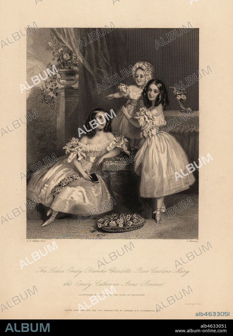 Portrait of Emily Blanche Charlotte, Rose Caroline and Emily Catherine Anne Somerset, daughters of Henry Somerset, 7th Duke of Beaufort. Three young sisters with ringlets in satin dresses with ribbons and lace, ballet shoes. Steel engraving by J. Thomson after an illustration by Alfred Edward Chalon from Charles Heaths Portraits of the Children of the Nobility, Longmont, London, 1838.