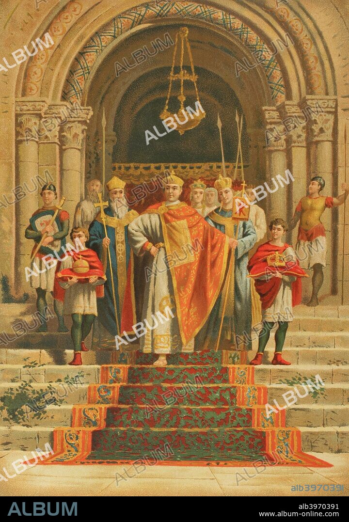 Arcadius (377-408). Eastern Roman Emperor from 395 to 408. Arcadius appearing in public. Chromolithography. La Civilizacion (The Civilization), volume III, 1882.