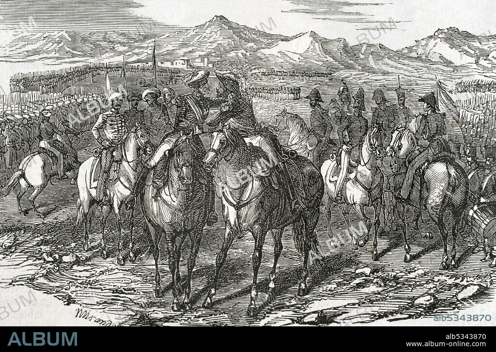 MIRANDA. SPANISH CHALCHOGRAPH y 19TH CENTURY. BERNARDO RICO (1825-1894). SPANISH PAINTER AND ENGRAVER.. Rafael Maroto (1783-1847). Militar español. Se unió a las tropas del pretendiente Carlos I en la primera guerra carlista. Baldomero Espartero (1793-1879). Militar español, general en jefe del ejército isabelino. "Abrazo de Vergara" (31 de agosto de 1839) entre Maroto (bando carlista) y Espartero (bando isabelino). Ceremonia que puso fin a la Primera Guerra Carlista. Ilustración por Miranda. Grabado por Rico. Historia General de España por el Padre Mariana. Madrid, 1853.