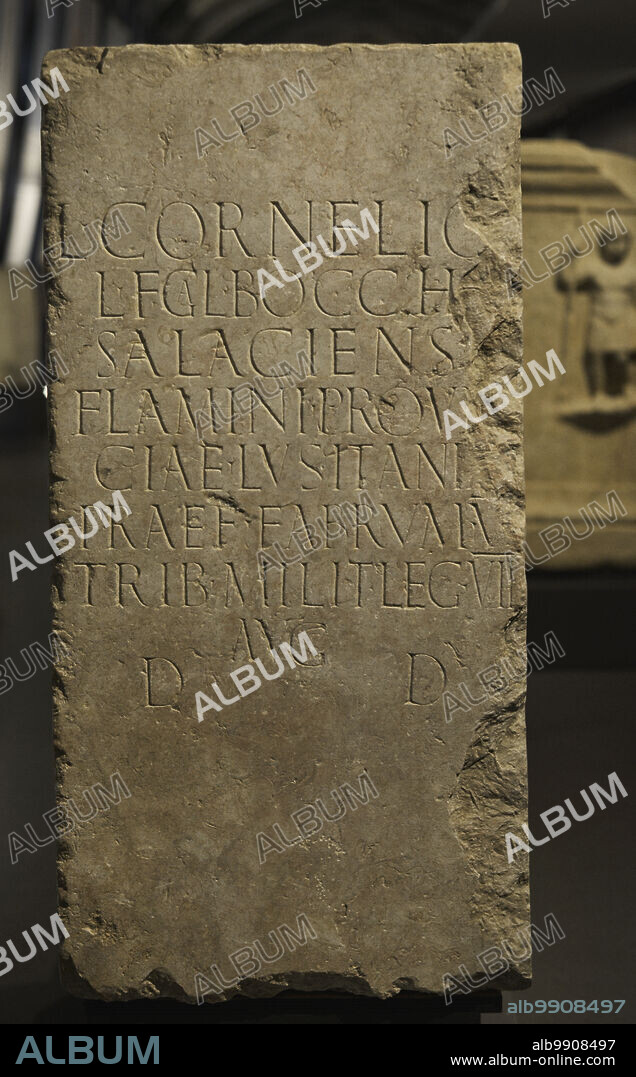 Honorific cippus from Thermae Cassiorum, Lisbon. 1st century AD. Inscription: "To Lucius Cornelius Bocchus, son of Lucius, of the Galeria tribe, born in Salacia (Alcácer do Sal), flamen of the province of Lusitania, five times prefect of engineers and tribune of the Augustus' 8th Legion. Monument ordered to be erected by decree of the decurions. National Archaeology Museum. Lisbon, Portugal.