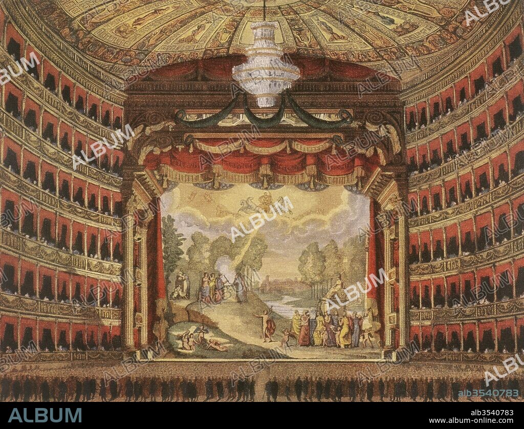 Milan, Italy. La Scala Opera. Inside view. Drawing after its restoration in 1830.