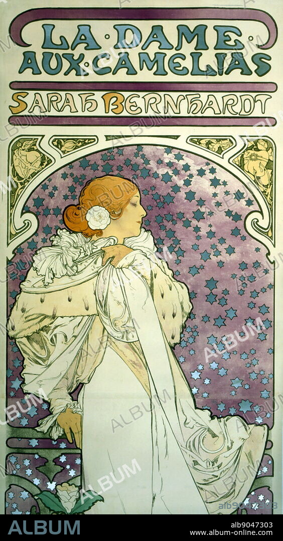 Poster depicting Sarah Bernhardt (1844-1923) a French stage actress, as Camille. Illustrated by Alphonse Mucha (1860-1939) a Czech Art Nouveau painter and decorative artist. Dated 19th Century.