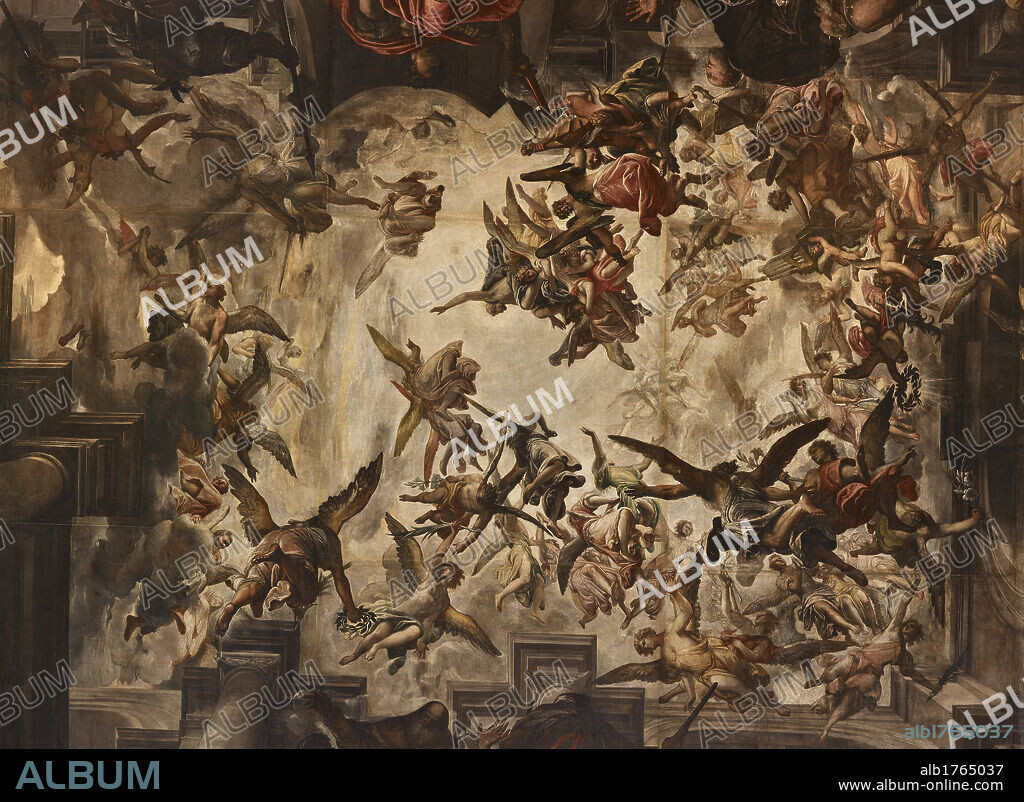 Ceiling fresco. Martyrdom and Glory of St Pantalon, by Giovanni Antonio Fumiani, 1680-1704, 17th Century, canvases mounted on panels,. Italy, Veneto, Venice, San Pantaleone Church. Detail. Ceiling decoration quadratura foreshortened view perspective view perspective view from below angels glory clouds glow, Photographic Campaign 2010.