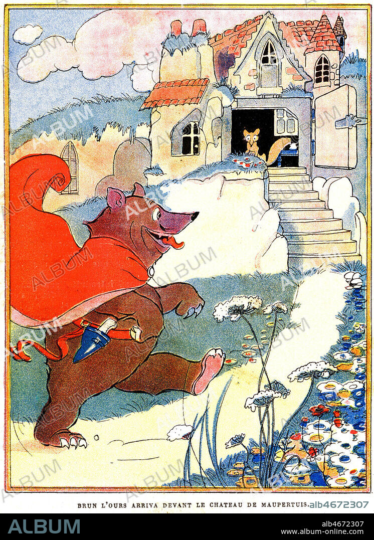 ' Brun l'ours arriva devant le chateau de Maupertuis.' Illustration par Felix LORIOUX (1872-1964) ADAGP, tiree du Roman de Renart, dans Renart et Chantecler. Mon Journal, 6 septembre 1924. Credit : Coll. Jonas/KHARBINE-TAPABOR.