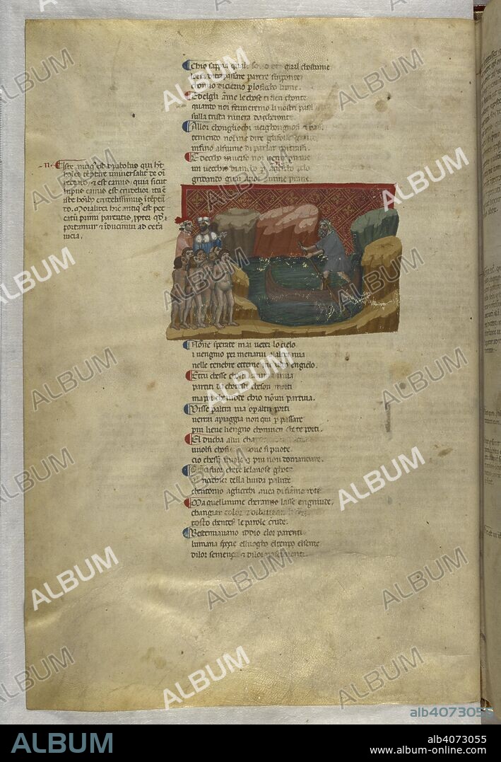 Inferno: The boatman, Charon, comes to ferry souls across the river. Dante Alighieri, Divina Commedia ( The Divine Comedy ), with a commentary in Latin. 1st half of the 14th century. Source: Egerton 943, f.7v. Language: Italian, Latin.