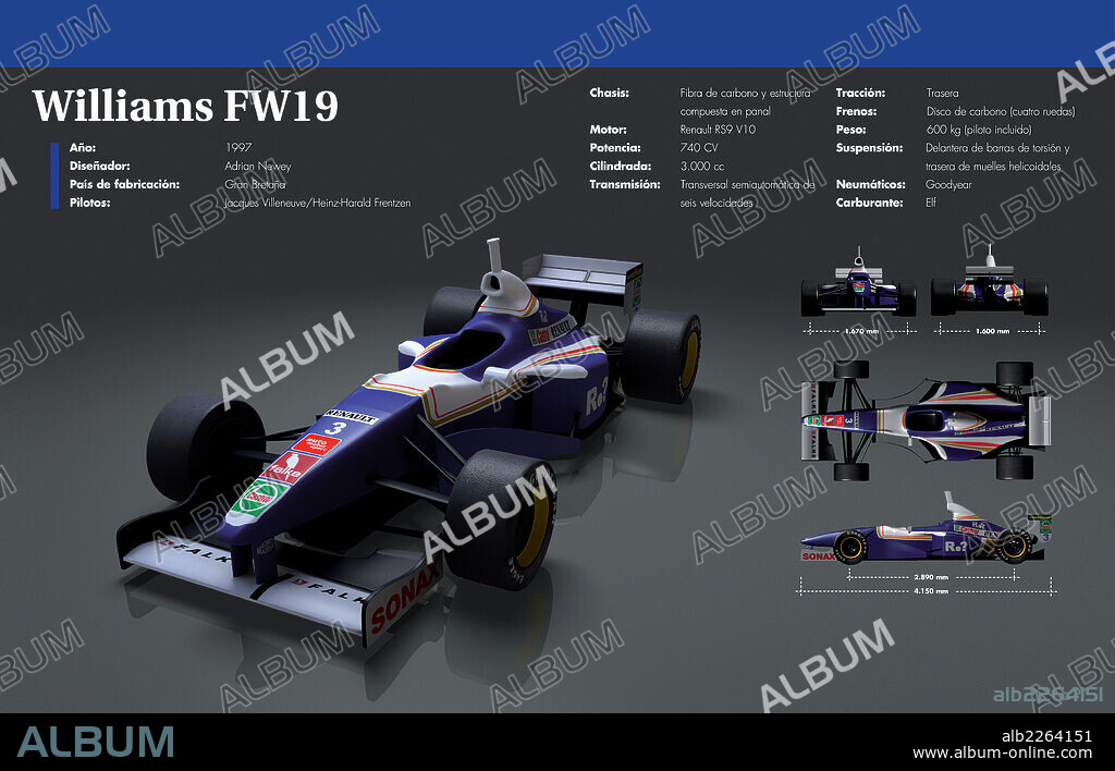Williams FW19. Infographic of the Williams FW19, the car with which Williams competed in the 1997 Formula 1 season. It was piloted by Jacques Villeneuve and Heinz Harald Frentzen. Designed by Adrian Newey and manufactured in Great Britain.