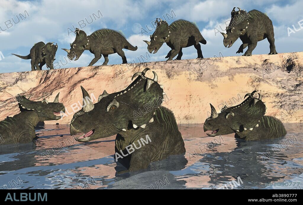 A herd of Centrosaurus dinosaurs crossing a river during their migration to greener pastures.