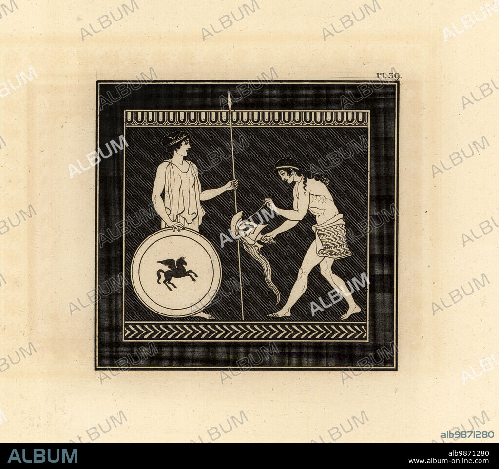 Roman blacksmith with helmet, spear and shield. Perhaps Vulcan presenting the arms forged for Achilles or Aeneas to Thetis or Venus. Unknown symbolism of Pegasus on the shield or buckler. Copperplate engraving by Thomas Kirk (1765-1797) from Sir William Hamiltons Outlines from the Figures and Compositions upon the Greek, Roman and Etruscan Vases of the Late Sir Hamilton, T. MLean, London, 1834.