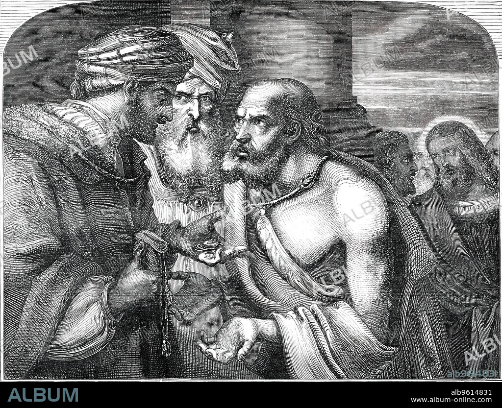 GEORGE PIKE NICHOLLS. British Institution Exhibition - "The Covenant of Judas" - painted by J. Franklin, 1850. Engraving of a painting in a London exhibition: 'The event is told in these words: 14. Then one of the twelve, called Judas Iscariot, went unto the chief priests. 15. And said unto them, What will ye give me, and I will deliver him imto you? And they covenanted with him for thirty pieces of silver. 16. And from that time he sought opportunity to betray him. St. Matthew, chap. xxvi. The subject, we need scarcely observe, is of the highest class that has ever exercised the art of painting, in which the old masters maintain unapproachable excellence. Mr. Franklin's picture does not lack vigorous composition; His figures remind one of those in Haydon's large performances. "The Covenant of Judas" hangs in the North Room of the Institution: its dimensions are 5 feet 2 inches in height, and 6 feet 0 inches in width'. From "Illustrated London News", 1850.
